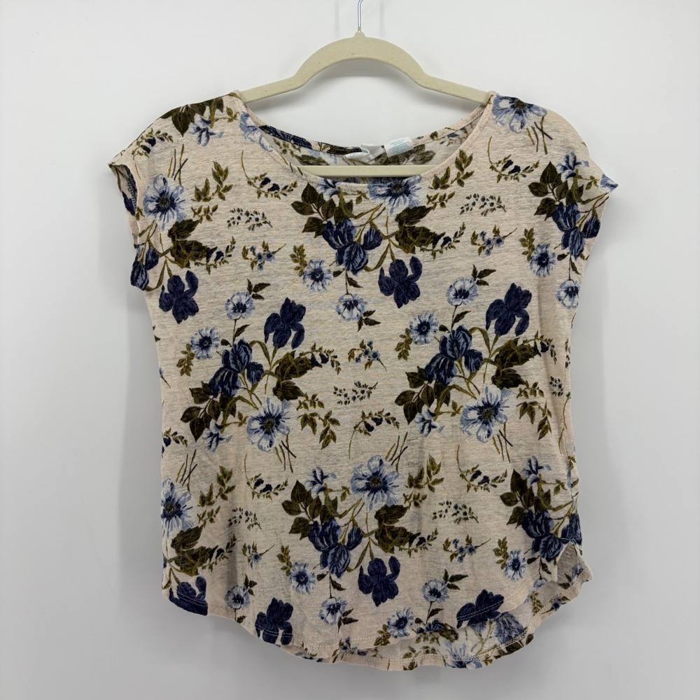 Cynthia Rowley Womens S Cream Blue Floral 100% Linen Cap Sleeve Scoop Neck Top